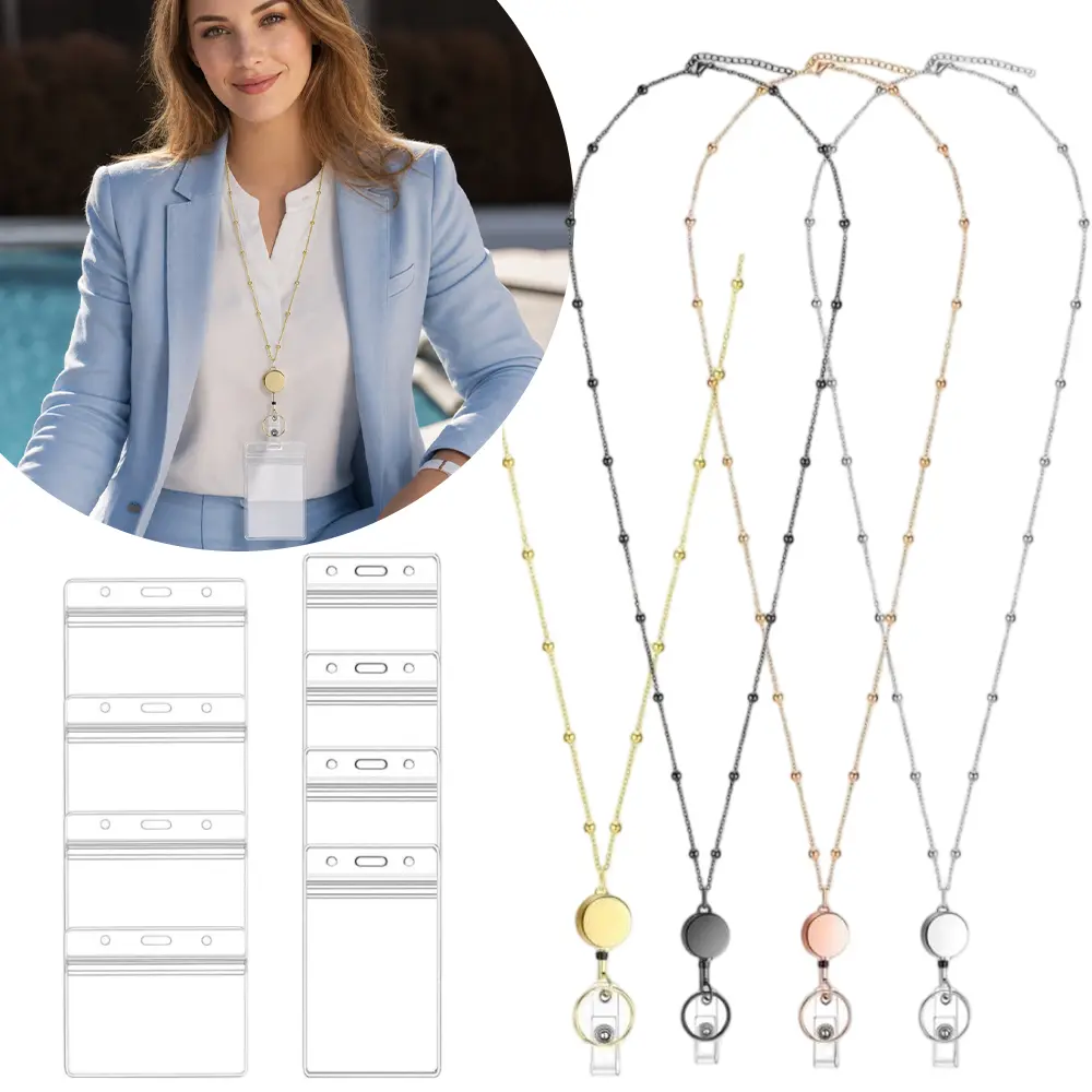 1 Set Beaded Badge Lanyard Kit, 4Pcs Stainless Steel Ball Bead Neck Lanyards with Retractable Reels, 8Pcs Waterproof Clear PVC ID Badge Holders, Transparent Name Tag Protector, Sweater Chain Key Strap for Office Staff School Worker