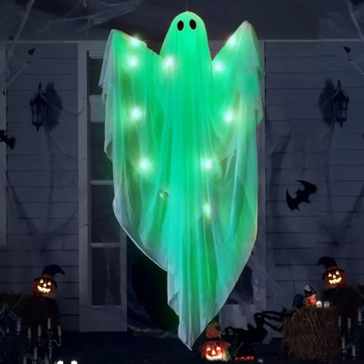 Halloween Hanging Light up Ghost with Spooky Green LED Light, 47 Halloween Hanging White Ghost Decoration for Front Yard Patio Lawn Garden Party Decor Indoor Outdoor