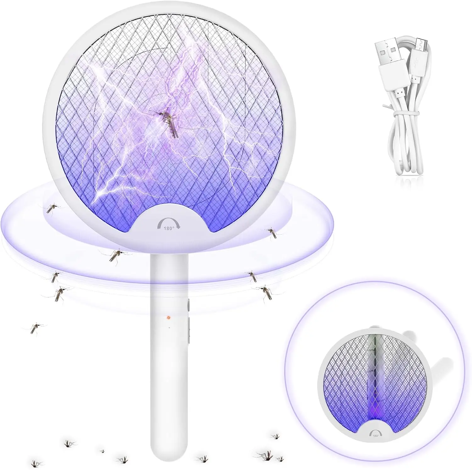 4000V Power Smart Electric Fly Trap Dual-Mode Bug Zapper Racket, Foldable Mosquito Killer with 1500mAh Rechargeable Battery, Purple Light, USB-C Charging, 3-Layer Safety Mesh Cover for Indoor/Outdoor Use