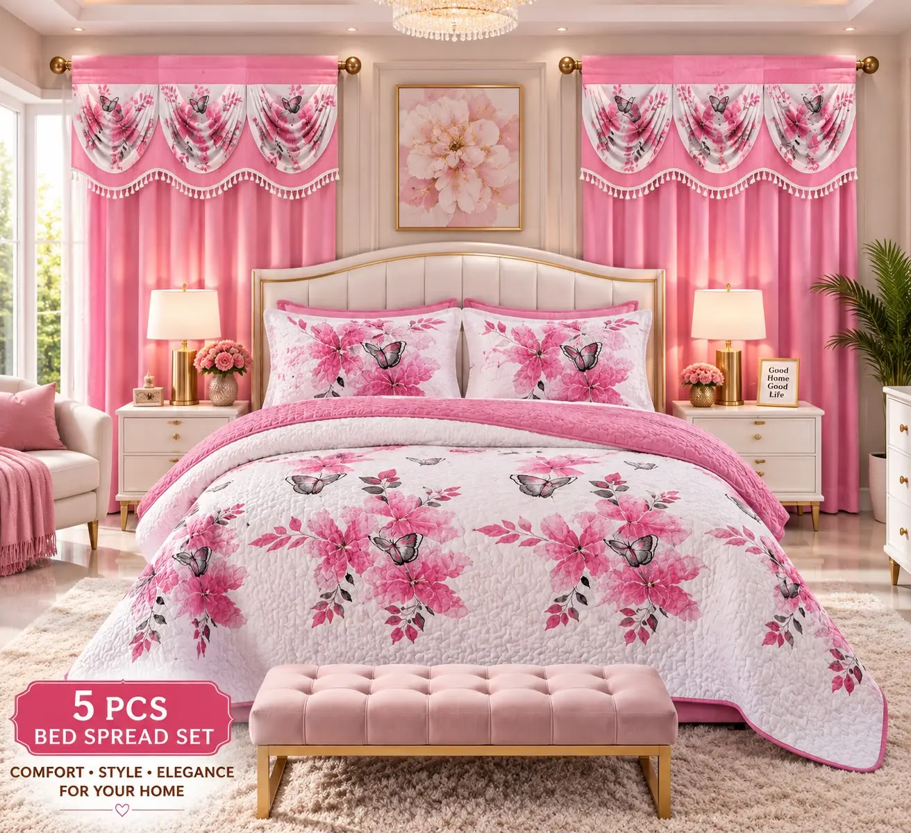 5-PIECE FLORAL BEDDING SET – ELEGANT BED COVER SET WITH MATCHING PILLOWCASES FOR BEDROOM DÉCOR