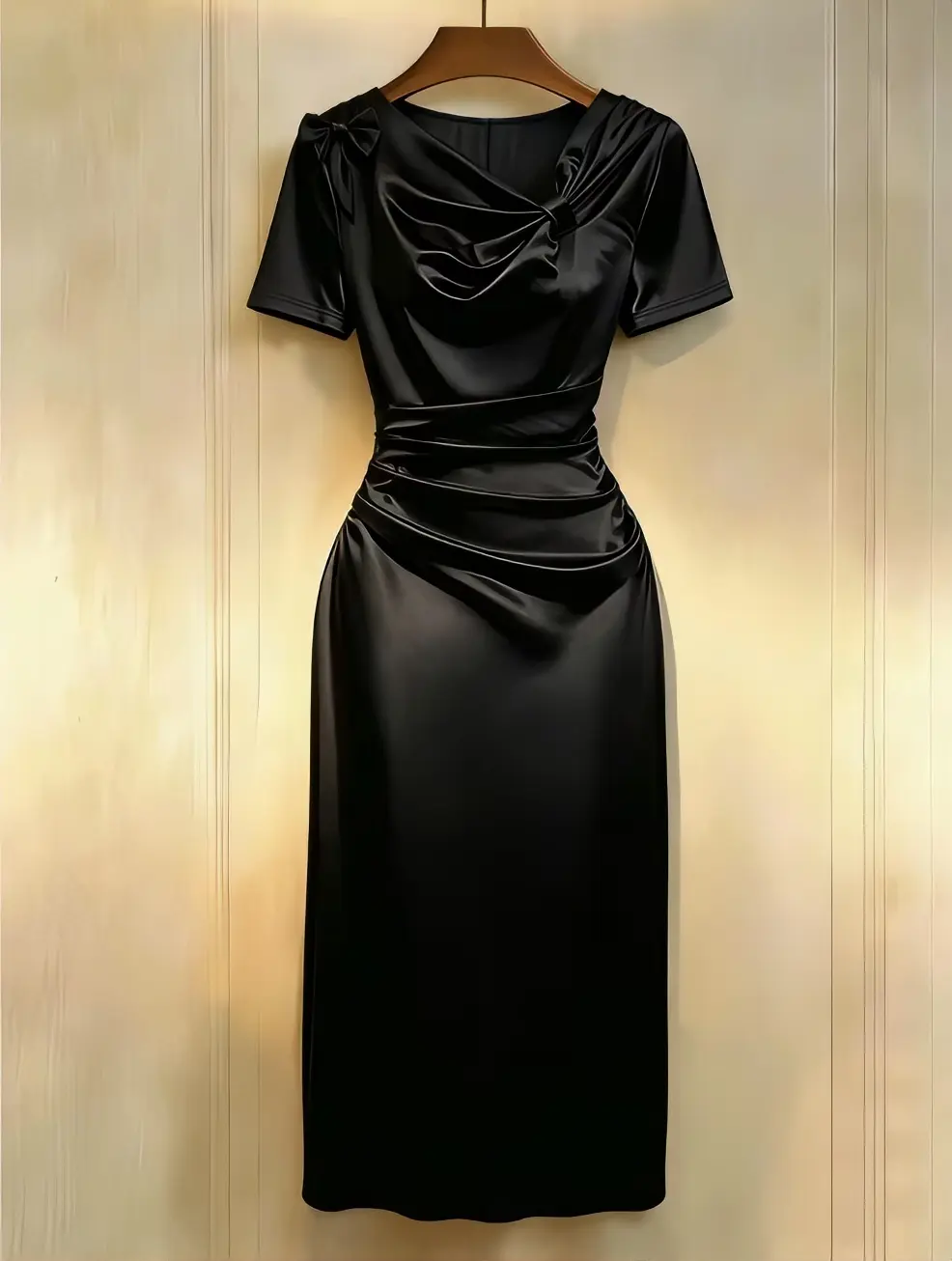 Elegant Black Midi Dress with Short Sleeves and Drape Detail for Women