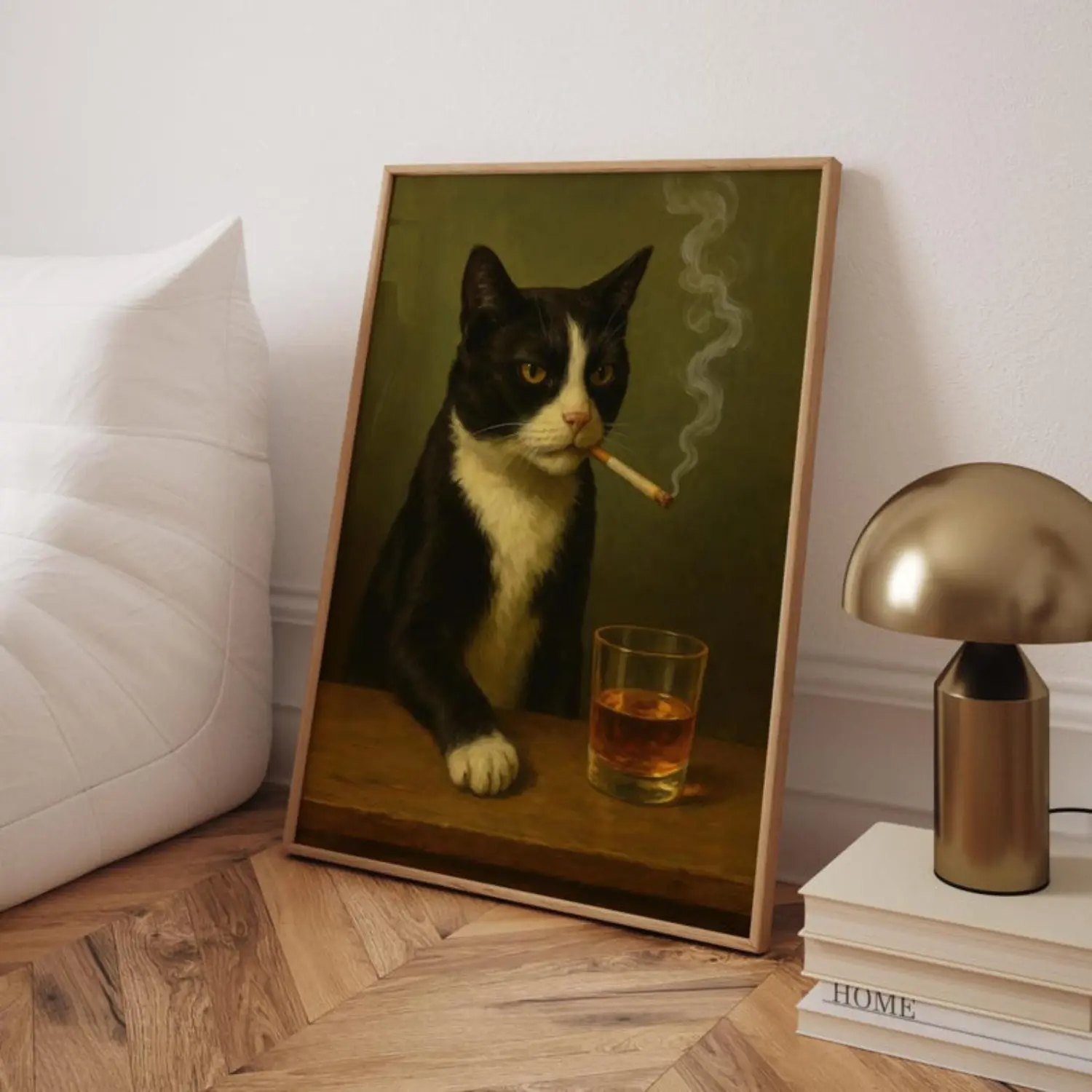 Tuxedo Cat Sipping Whiskey Poster Whimsical Emotional Cat Wall Art Retro Animal Print Dark Humor Home Decor