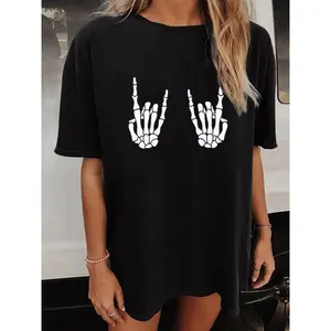 Skeleton Hand Gesture Graphic Tee Unisex Streetwear T Shirt Soft Cotton Casual Crewneck Short Sleeve Vintage Goth Halloween Outfit