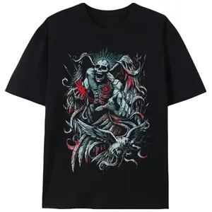 Fallen Angel Skull & Crow Graphic Print Men's T-Shirt, Hardcore Gothic Streetwear Casual Short Sleeve Tee for Rock & Gothic Enthusiast Teens