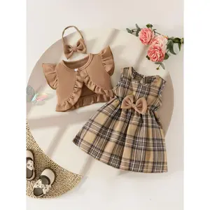 [Summer Dress] 3pcs Girls' Summer Dress Set | Sleeveless Ruffle Top & Plaid Dress with Bow Detail, Polyester, Non-Stretch Fabric, Umbrella Skirt Style book bag school girls clothes kids shoes kids clothing book bag school girls clothes kids