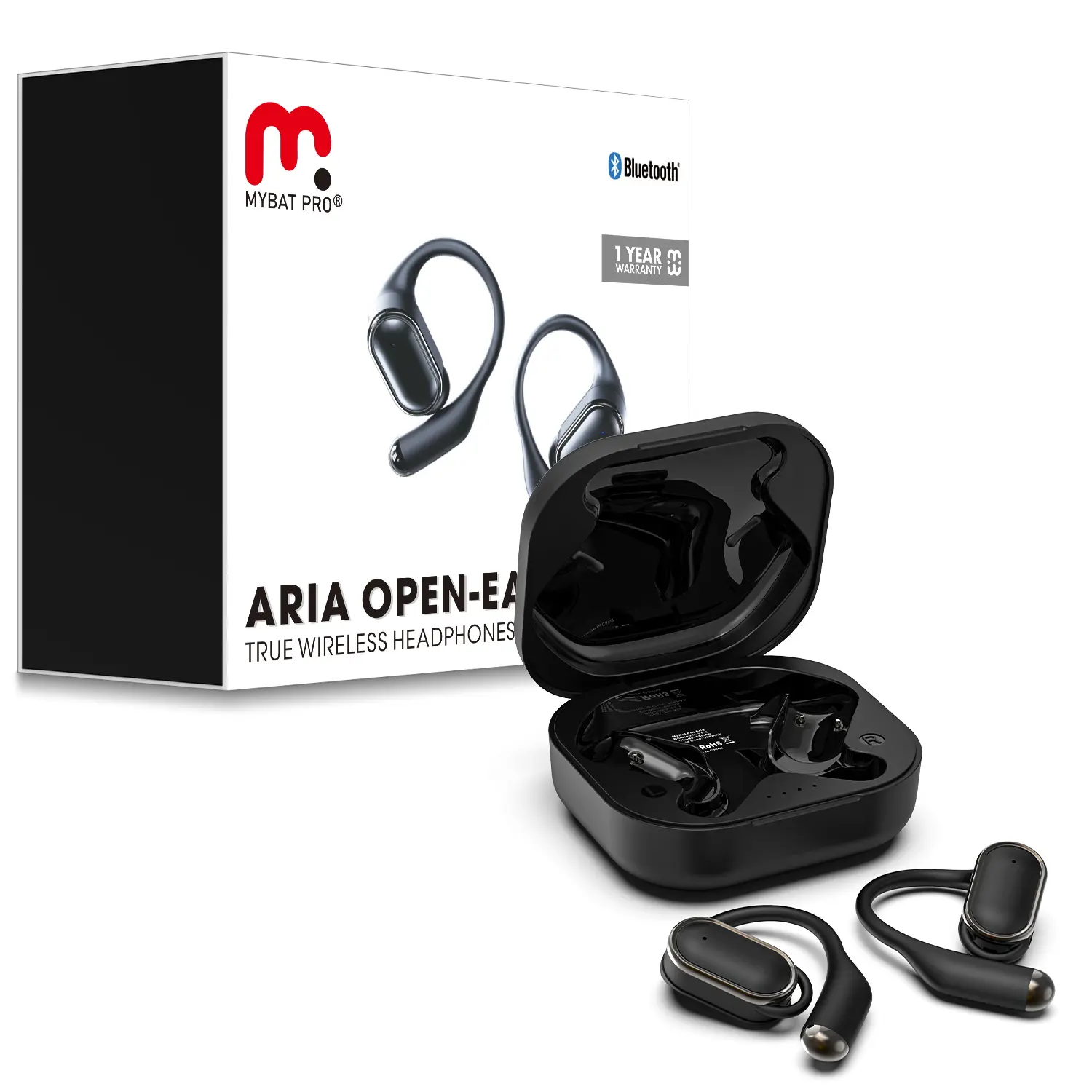 MyBat Pro Aria 300mAh Clip-On Open-Ear True Wireless Bluetooth 5.3 Earphones - Audio Headset, IPX5 Water Resistant, Earhooks, Fast Charging, 18H Playtime, Mic, Noise & Stable Connection, Compatible with iPhone & Android for Meeting, Driving, Black