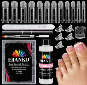 EBANKU Poly Gel Toenail Kit, Reusable Toe Dual Nail Forms with 2.5oz Slip Solution Poly Gel Nail Kit for Toe Nail Tips for Women with Double-end Brush, File, Clips, Liquid Container, 120PCS, 12 Sizes