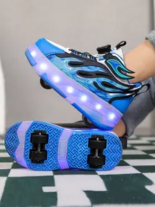 Boys Four-Wheel Roller Skates, New Wheel Sports Shoes, Adjustable Rotating Buckle, LED Light-Up, USB Charging, All Seasons, Rubber