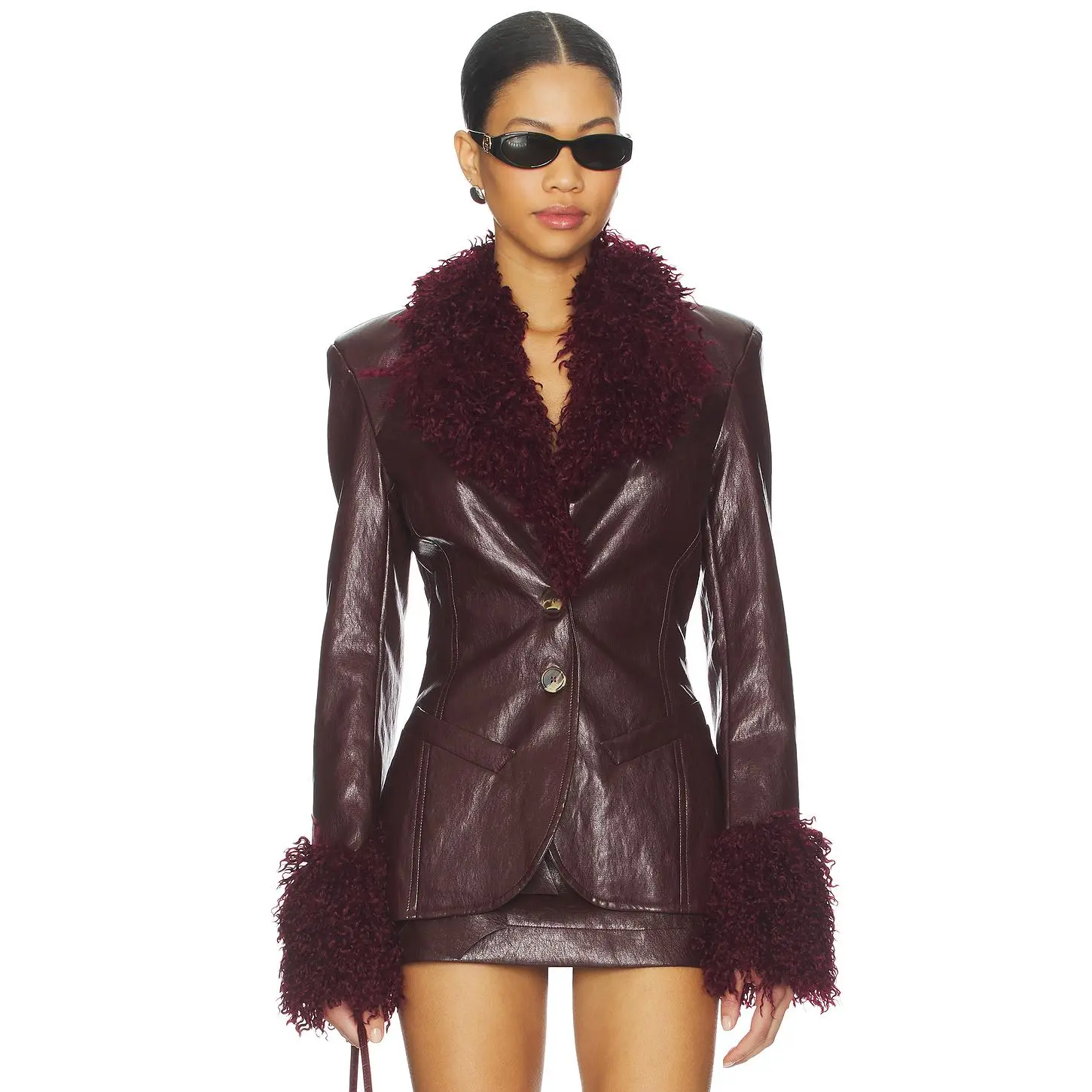 Milkwhite Fitted Blazer With Faux Fur Detail in Maroon
