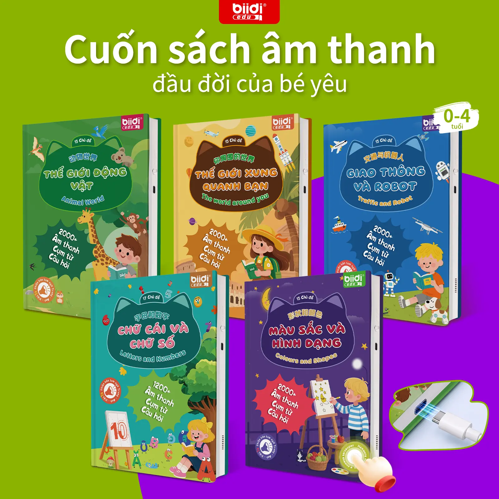 Bilingual Vietnamese-English-Chinese interactive electronic language learning toy for children, featuring 1200+ sound effects, dual-language teaching cards, a learning board, preschool alphabet tools, and sensory play for ages 0–4.