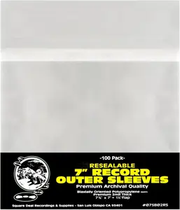 (100) 7 inch Resealable Record Outer Sleeves - Super Clear Premium 2 Mil Thick - Archival Quality BOPP - Fits Standard Single 7 inch 45rpm Records - Durable Resealable Adhesive Strip - #07SB02RS