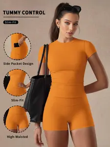 Women's Casual Sportswear Set, Comfortable Short Sleeves & Shorts, Ideal for High Waisted Yoga Running Outdoor Activities, Spring Summer Wear