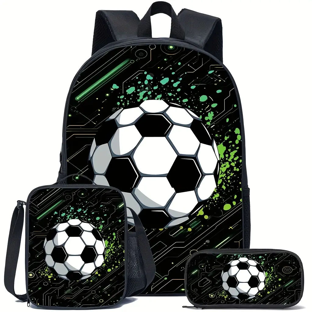 Football Print 3-in-1 School Backpack Set for Kids, High-Capacity Polyester Athletic Bags for School & Daily Commute, Functional Luggage & Casual Bags, Backpacks For School, 3 In 1 Backpacks