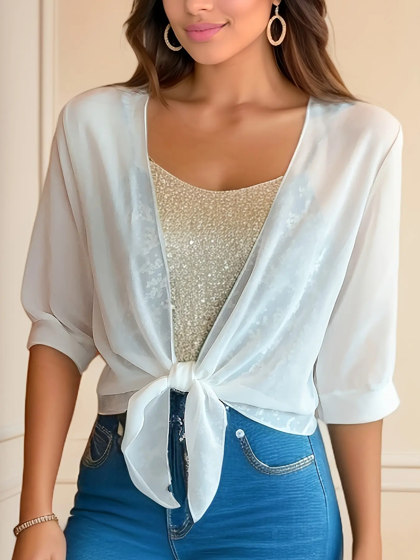 Women's Summer Solid Color Chiffon Cardigan - Half-Sleeve Short Tie-Knot Open-Front Shrug, Ultra-Thin Lightweight Sheer Sunscreen Cover-Up for Dresses, V-Neck, Blouse, Sunscreen Cover Ups, Basic, Plain