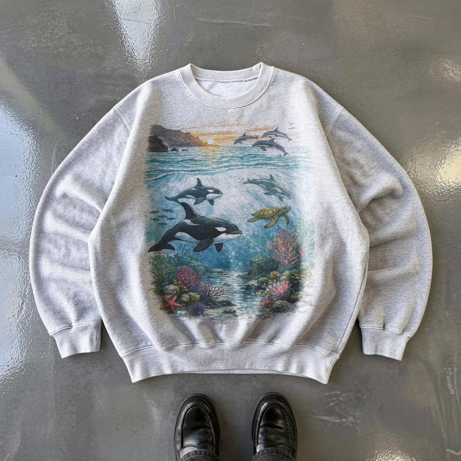 Orcas Sunset Sea Scene Vintage 90s Sweatshirt, Retro Ocean Dolpin Sweater, Cute Sea Turtle Sweater, Ocean Gifts, Cozy Warm Unisex Sweater