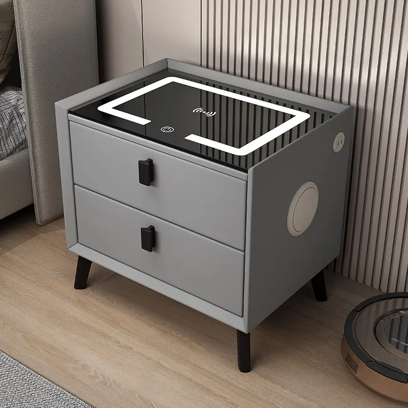 CNCEST Modern 2-Drawer Smart Bedside Cabinet - Wireless Charging, Fingerprint Lock, Speaker, USB Ports, Ambient LED Light - Indoor Bedroom Nightstand Furniture for Adults Shopping for Bedroom, Adults Shop For Bedroom