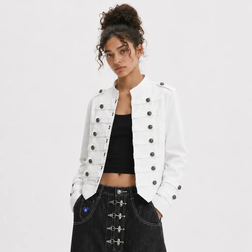 Aelfric Eden Napoleon Jacket Decorative Strap Metal Button Cropped Boxy Silhouette Structured Sturdy Fabric Streetwear Punk Casual Unisex Jacket, Boxy Cut, Cropped Length