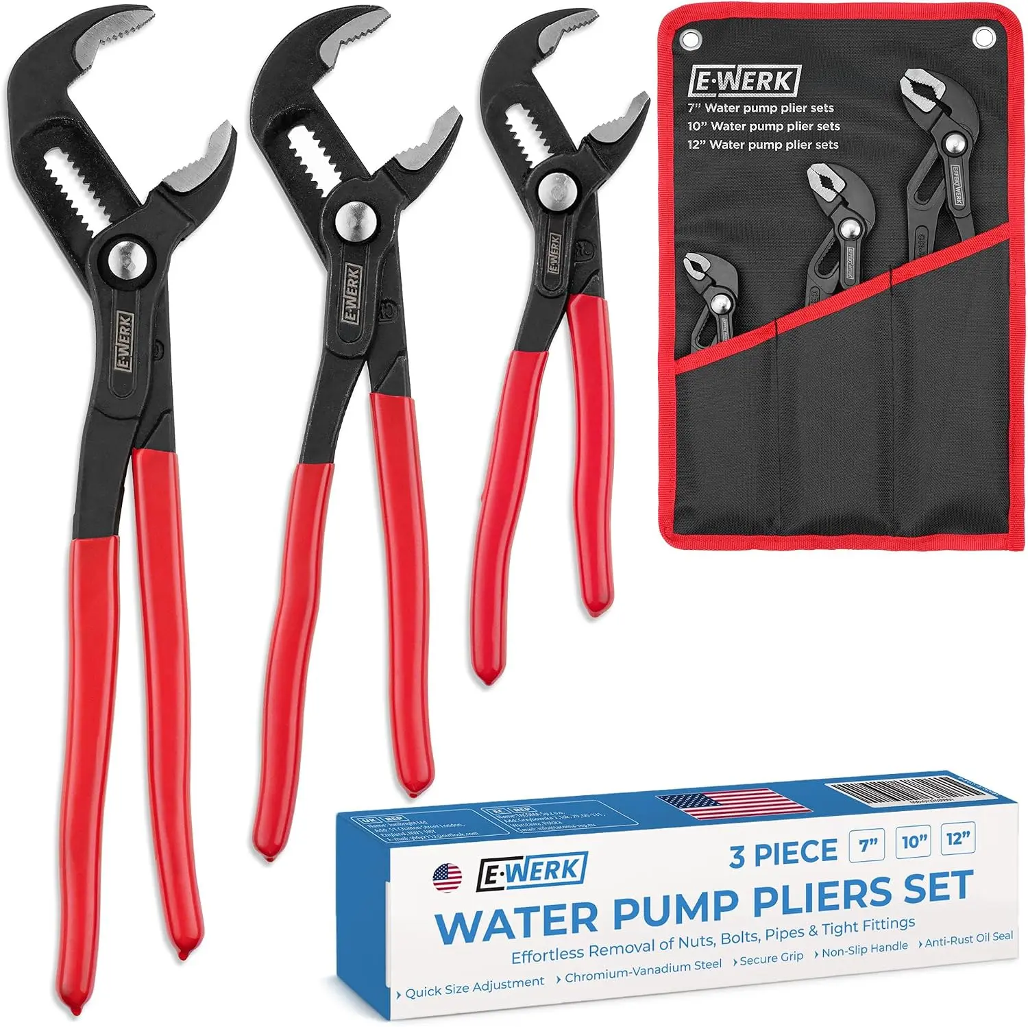 EFFEKTWERK 3-Pc Chromium-Vanadium Water Pump Pliers Set - 7in, 10in, 12in - Plumbers Wrench with Quick Size Adjust, Non-Slip Pipe Grips, Adjustable Jaws & Ergonomic Handles