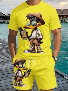 Trendy Duck Yellow Background Fun Matching 3D Digital Printing Two-Piece Set, 2Pcs, Sportswear, Stylish, Vacation-style Trendy Outfit, Breathable Sports Casual Style, a Perfect Holiday Gift for Men