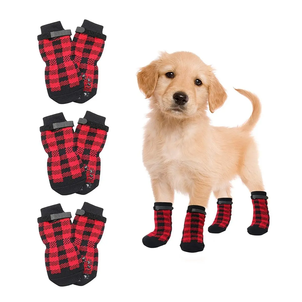 4 Pack Anti-Slip Dog Puppy Socks, Christmas Style with Velcro Fastening, Durable Polyester Paw Protectors for Small Medium Large Dogs