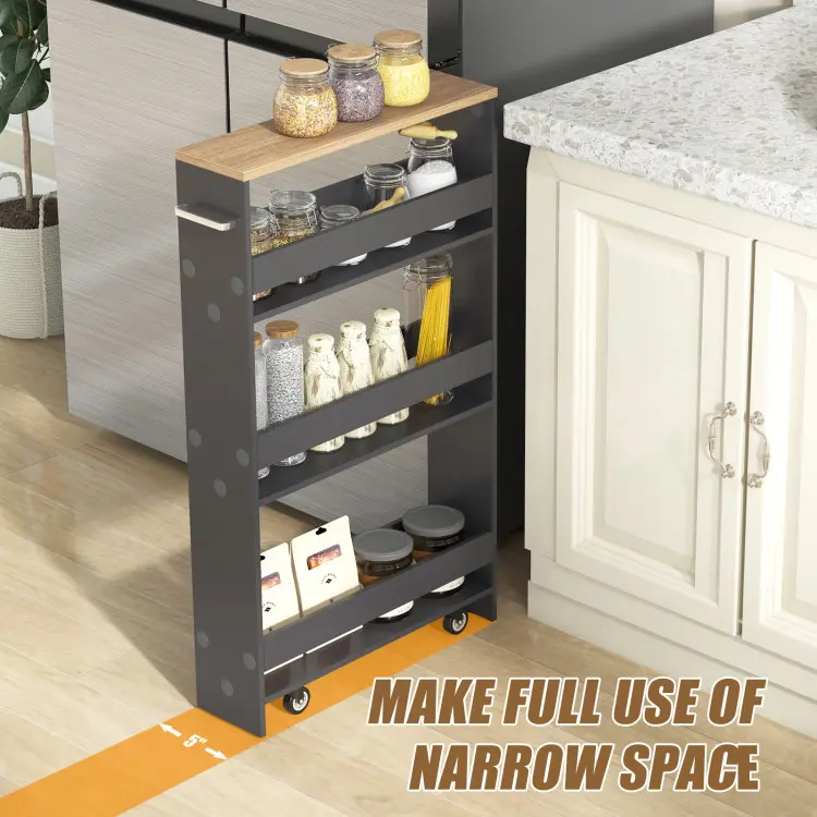 COSTWAY Slim Rolling Storage Cart, 4-Tier Rolling Utility Cart, Wood Kitchen Storage Cart with Handle & Wheels, Narrow Rolling Shelving Unit for Kitchen Bathroom Laundry Small Places, Black/White/Grey
