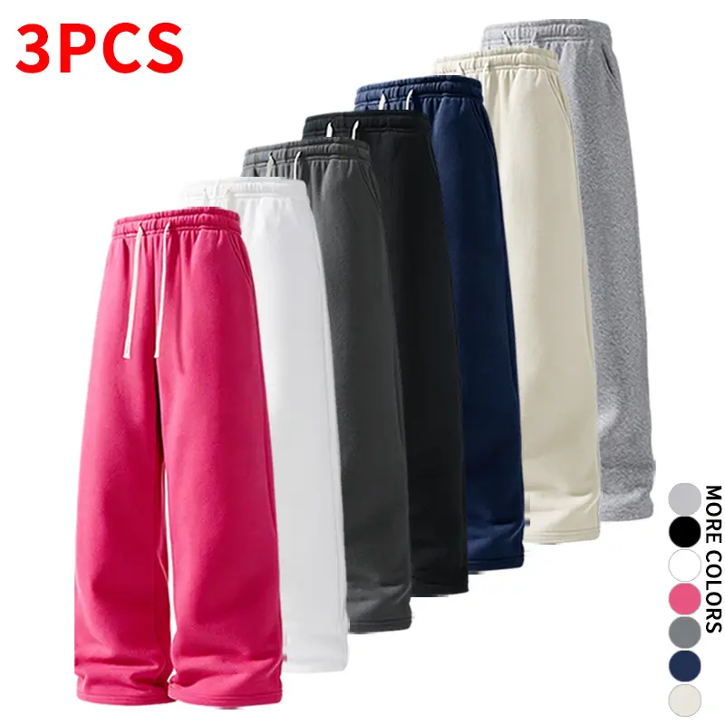 Men’s 3-pack soft wide-leg sweatpants, stretchy drawstring, loose casual home pants, available in multiple colors—ideal for outings, everyday wear, and streetwear at home.