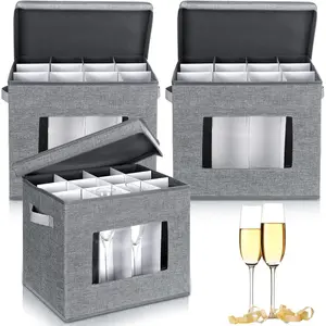 3 Pack 12 Compartments Wine Glasses Storage Box with Dividers, Stemware Storage Container with Lid Handle Window, Fits Champagne Flute, Organizer for Moving, Gray