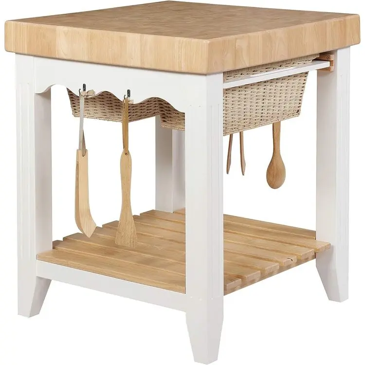 HomeStock Farmhouse Fresh Square Kitchen Island with Butcher Block Wood Top, 30W x 30D x 36-38H White & Natural, Compact Indoor Cupboard - Assembly Required, No Extra Tools Needed for Small Apartments & Kitchens