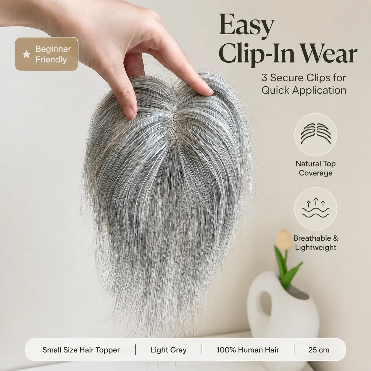 Gray Human Hair Topper, 100% Remy Human Hair, 7 x 9 cm Lace Hand-Tied Base, 25 cm Clip-In Hairpiece with 3 Secure Clips, Breathable Lightweight Natural Top Coverage, Deep Gray & Light Gray