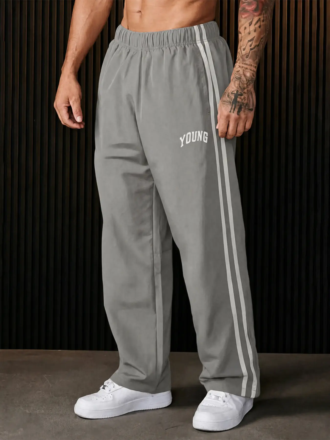 Men's Letter & Striped Print Pants, Regular Fit Casual Comfy Breathable Pants for Outdoor Daily Wear, Men's Trousers for All Seasons, Menswear Baggy Wide Leg Sweatpants summervibes,bottoms,multi-pocket,cargo pant,comfortable,durable,des,thre,s,design pant