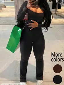 1 Piece Women's Flare Jumpsuit, Trendy Street Style, Stretchy Fabric & Bodycon Fit, Highlights Curves & Comfortable to Wear, Suitable for Women's Streetwear, Casual Shopping, Flared Jumpsuit