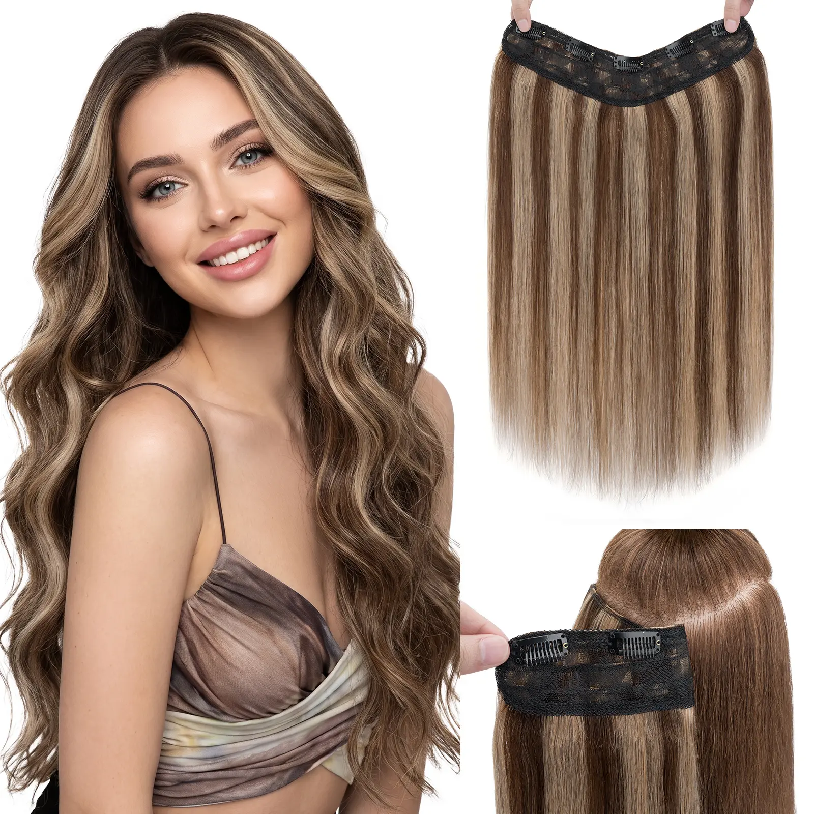 SEGOHAIR Invisible Wire Hair Extensions, Upgraded V-Shaped 5 Clips in Hair Extensions, Long One Piece Hairpiece for Women Natural Straight Hair Hair Replacement Natural Straight Hair Hair Replacement, Clip Salon Hair Extensions Soft Human Hair