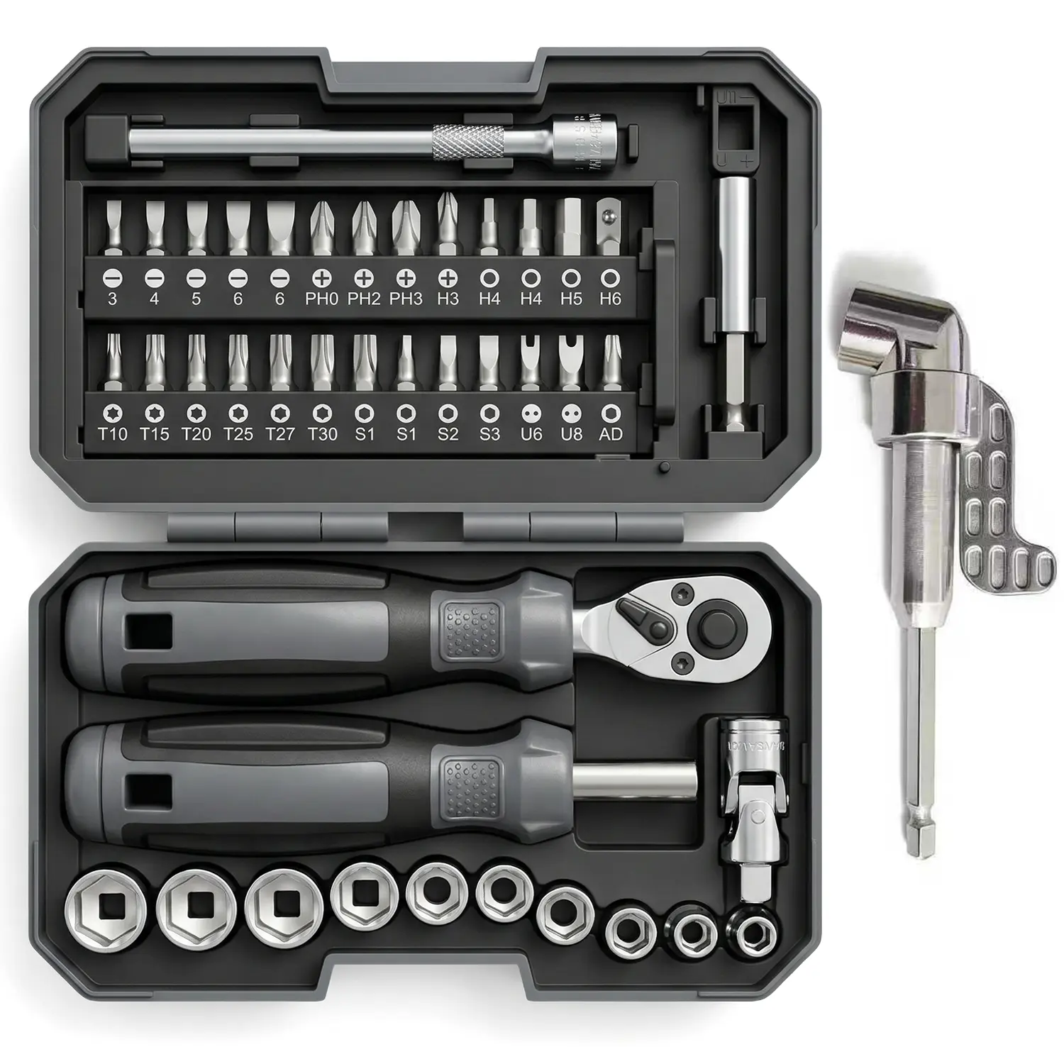 METOXA 41-Piece All-in-1 Ratcheting Screwdriver & Socket Tool Kit - HRC 58-62 Industrial Strength Assorted Bits Set, 105° Right-Angle Driver Extension, Rust-Resistant Coating for Home Improvement, Home Repair Hack, Tight Spots