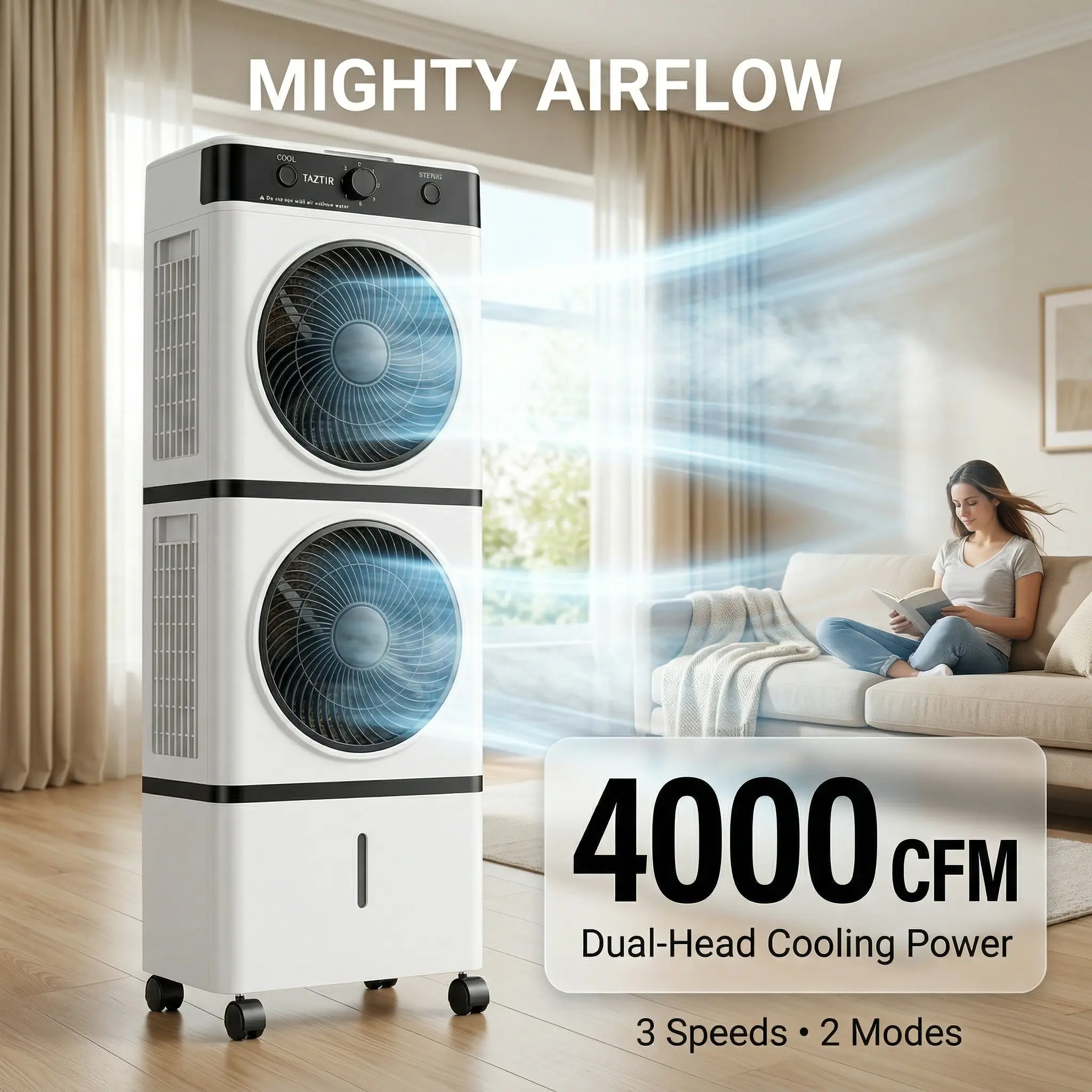TAZTIR Portable Dual-Head Air Cooler Fan, Large 4000 CFM Power, 24Ft Wind Reach, 180° Vertical Swing, 30-40dB Quiet Mode, 2 Modes, 3 Speeds, Water Ice Cooling, Smooth Rolling Wheels, 4 Ice Packs Included, For Bedroom Living Room Patio Garage