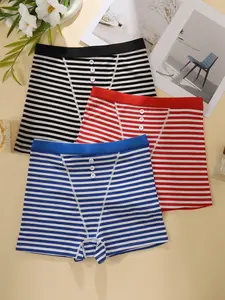 Women's Striped Print Underwear Set, Breathable Comfortable Fabric, 2/3/5 Pieces, Casual Style, Elastic Waistband, All Seasons Wear, Casual Breathable Knicker, Elastic Undergarments