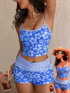 Women's Swimsuit tankini bikinis, summer t-shirt gingham Hibiscus floral  print beachwear tops bra built in/Going Out Outfits/Birthday Outfit/Casual/Y2k/2000s/Y2k Clothes /Classy/Old Money/Streetwear/Vacation Outfits/ beachwear Tankini With Shorts