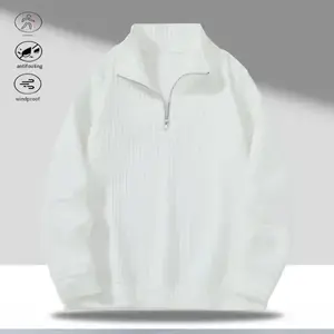 A white half zip stand collar waffle sweatshirt, featuring a simple casual style, the stand collar design is sleek and stylish, the half zip opening is convenient for wearing and adds a casual feel. The waffle fabric has a clear texture and comfortable to