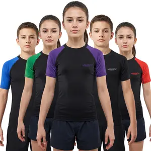 Exxact Sports Kids Purple BJJ Rash Guard Short Sleeve, Ranked No Gi Jiu Jitsu Compression Shirt for Boys & Girls for MMA, Wrestling