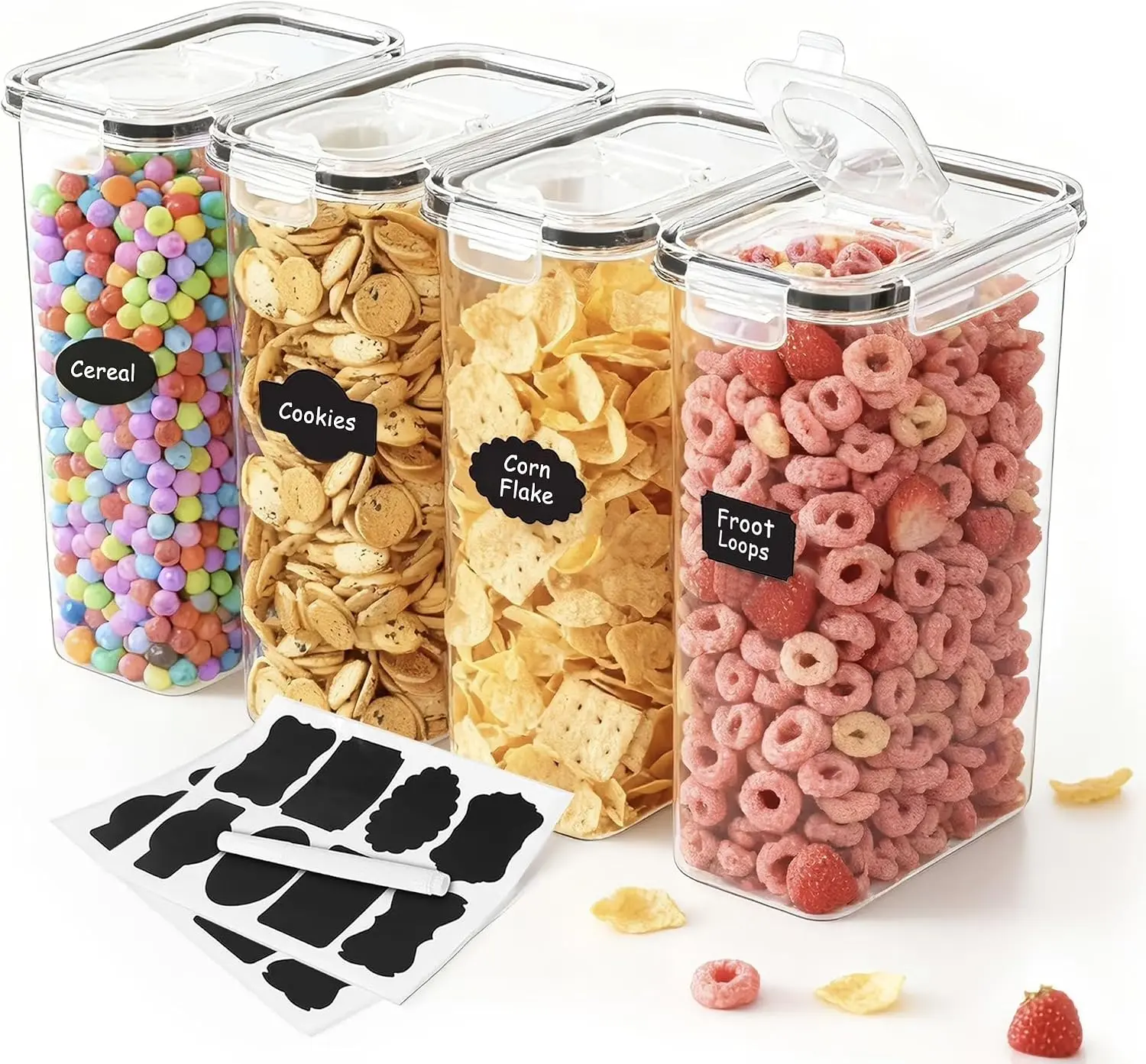 (4 Pack) 135 fl oz Airtight Cereal Containers with Flip Lids, Plastic | 4-pack 135 fl oz airtight cereal containers with flip lids, silicone seals, stackable, BPA-free, dishwasher-safe.