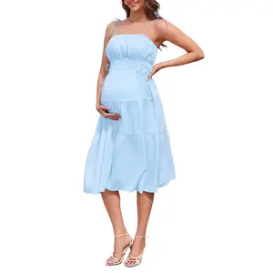 In-Stock Drawstring Strap Long Maternity Dress – Non-Compressed Comfortable Fit, 100% Polyester, Adjustable Tie Waist, Flowing Pregnancy Dress for Everyday & Events part