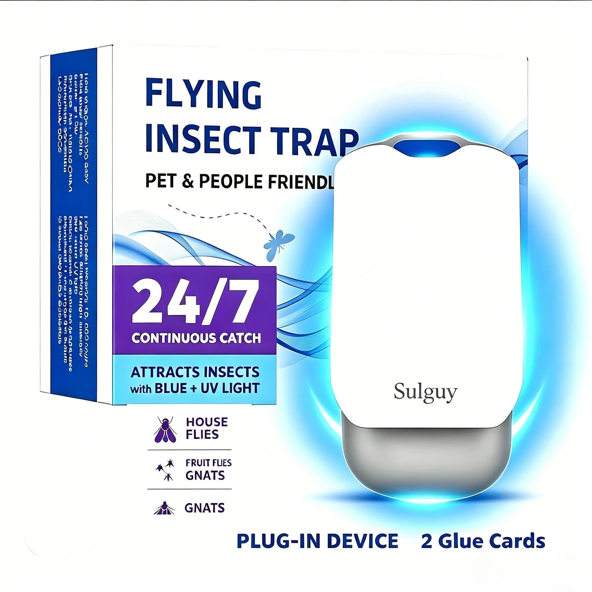 Indoor Plug-In Flying Insect Trap, Sulguy Fruit Fly & Mosquito Catcher, 1 Device + 2 Glue Card Refills, UV Light Attractant System, Safe for Home & Kitchen, Fly Sticky Trap, Indoor Bug Killer