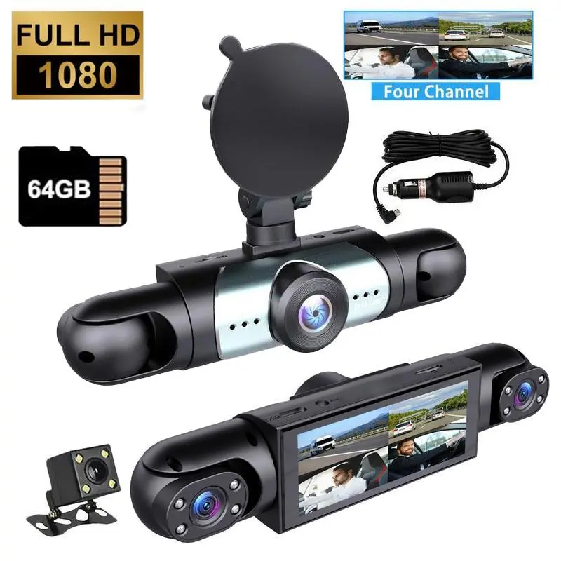 4 Lens Car DVR, 1080P Car DVR with 64G Memory Card【plug and play】,Car Video Surveillance with Night Vision, 24/7 Parking Mode Car DVR, Car DVR Camera Car Driving Recorder