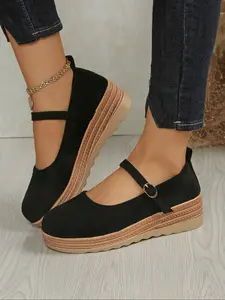 Women's Adjustable Ankle Strap Platform Wedge Casual Shoes, Breathable Fabric, Thick Sole, PU Outer Sole, Comfortable Walking, Elegant Classy Stylish Fashion Sneakers