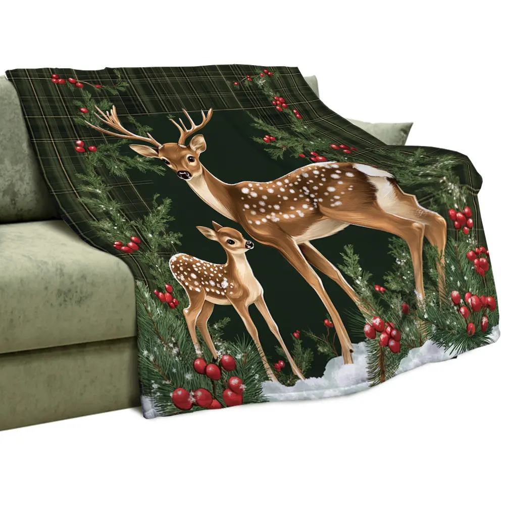Plaid Reindeer Christmas Flannel Throw Blanket - Soft, Warm, Ideal for Couch, Bed - Versatile Holiday Home Gift (Home Supplies)
