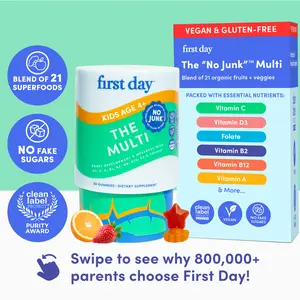 First Day Kids Multivitamin Gummies Age 4-12, Strawberry & Orange Flavored, 21 Organic Superfoods, No Junk, 30 Day Supply, Vegan & Gluten-Free