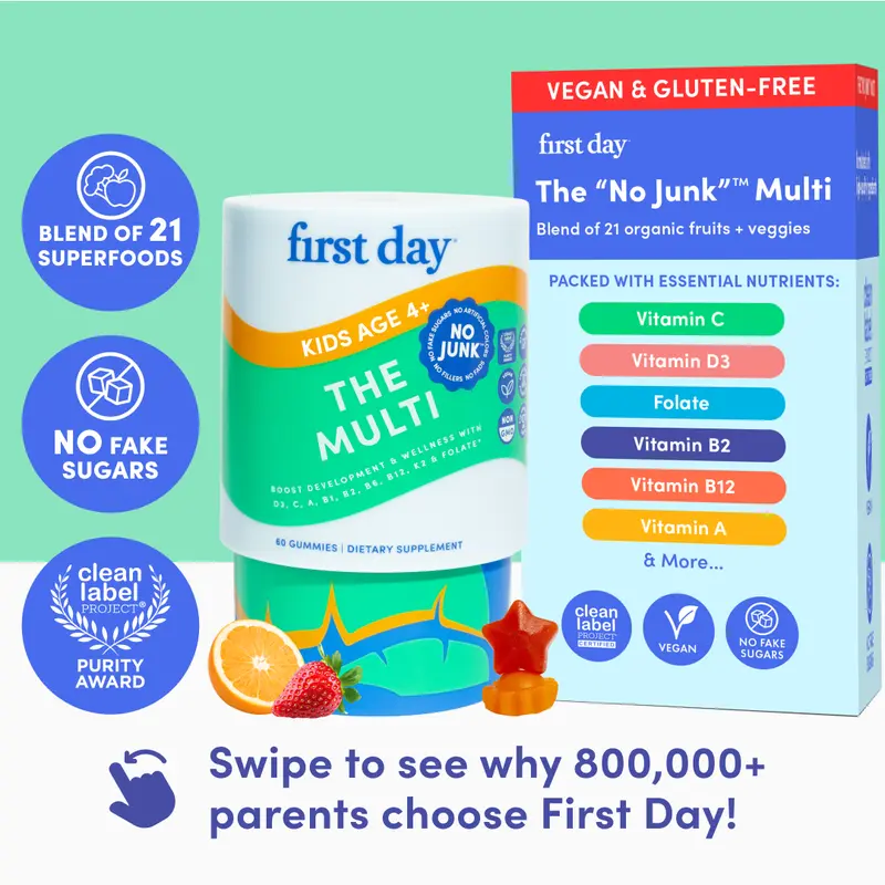 First Day Kids Multivitamin Gummies Age 4-12, Strawberry & Orange Flavored, 21 Organic Superfoods, No Junk, 30 Day Supply, Vegan & Gluten-Free