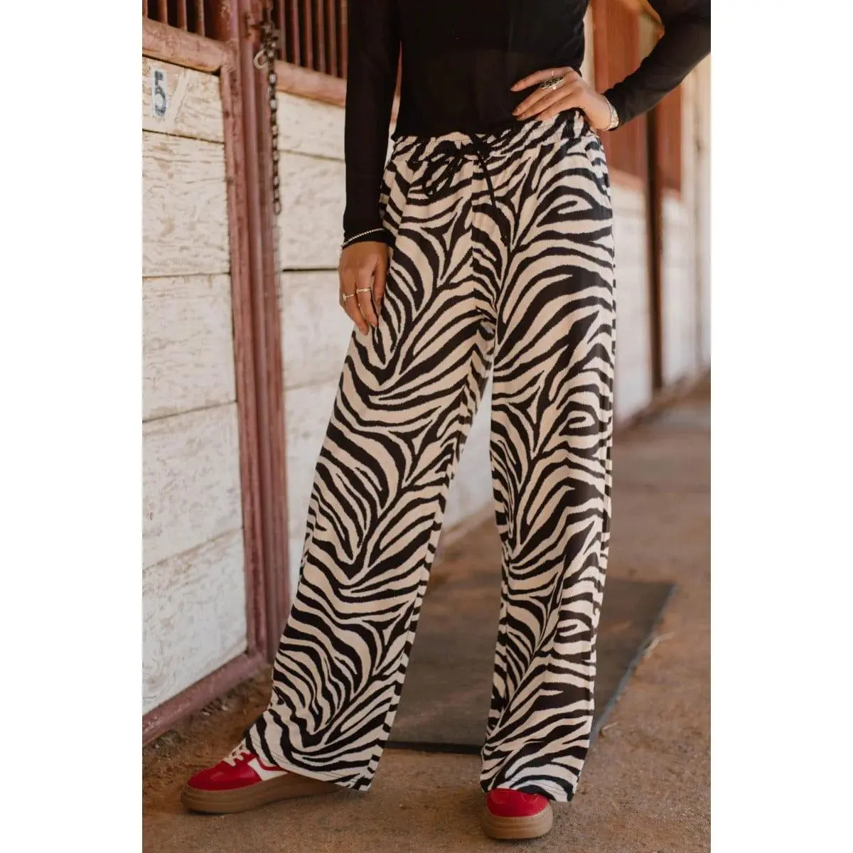 Women's Zebra Print Pants - Wide-Leg Style in a Soft Polyester-Spandex Fabric for Lounge and Casual Wear, Vibe, Bottom, Cowgirl, Everyday, Jogger, Stretchy, Double Waist, Spandex Blend, Cowgirl Look