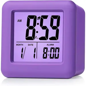 Digital Alarm Clock for Kids with Snooze and Nightlight - Easy Setting Silicone Display Time, Date - Loud for Bedroom - Battery Powered (Purple)