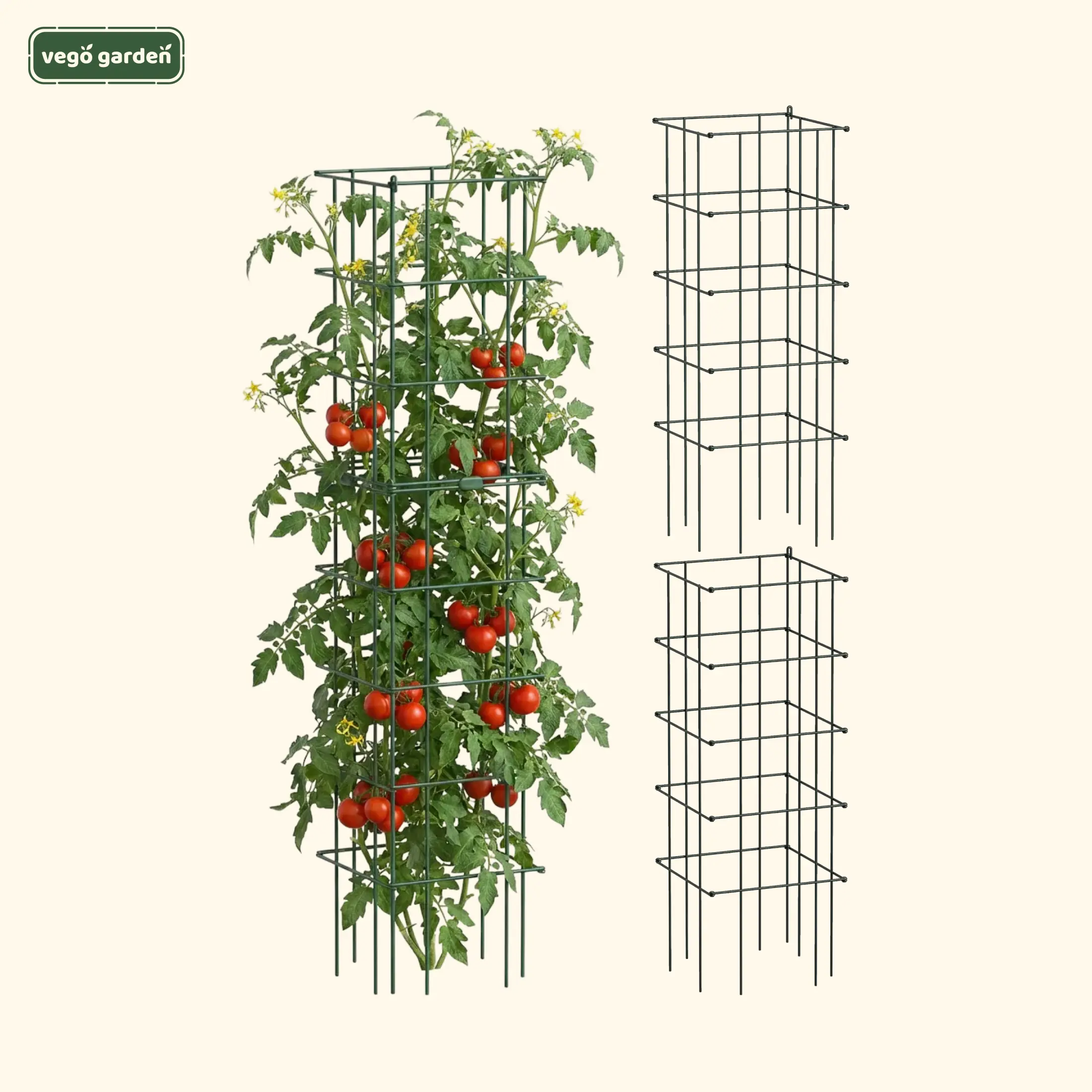 Vego Garden Tomato Cage 16.5" Square Heavy-Duty for Garden & Pots, Rust-Resistant Tomato Stackable Heavy Gauge Plant Cage Trellis Support for Climbing Vegetables Plants Vertical Planter Tower, Outdoor Garden Accessories