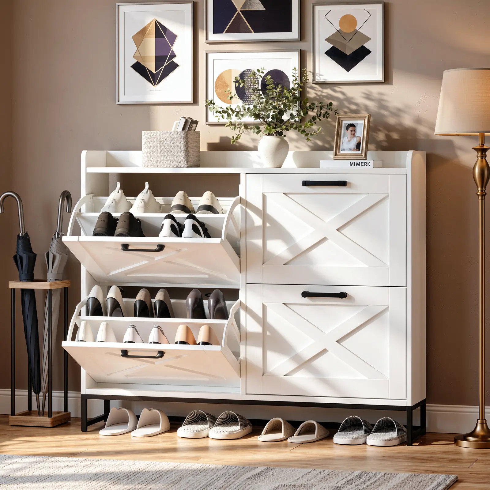VOWNER 47.2" Farmhouse Shoe Storage Cabinet, 4 Flip Drawers for 24-32 Pairs, Narrow Hidden Shoe Rack With Metal Legs, Freestanding Wooden Shoe Organizer, For Entryway, Hallway or Living room